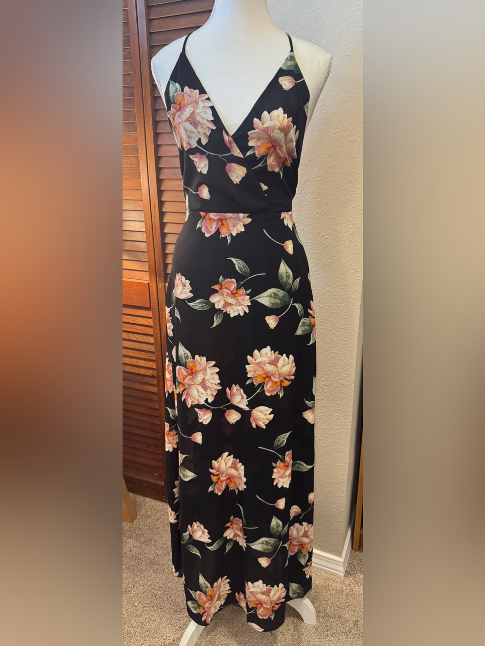 Lush Black Maxi Skirt with Peach Floral Print